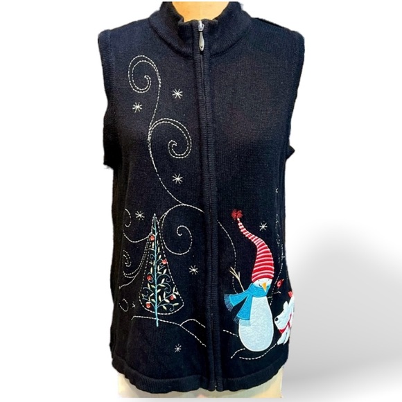 Winter snowman nature scene knit cardigan‎ sweater vest zipper front polar bear - Picture 1 of 11